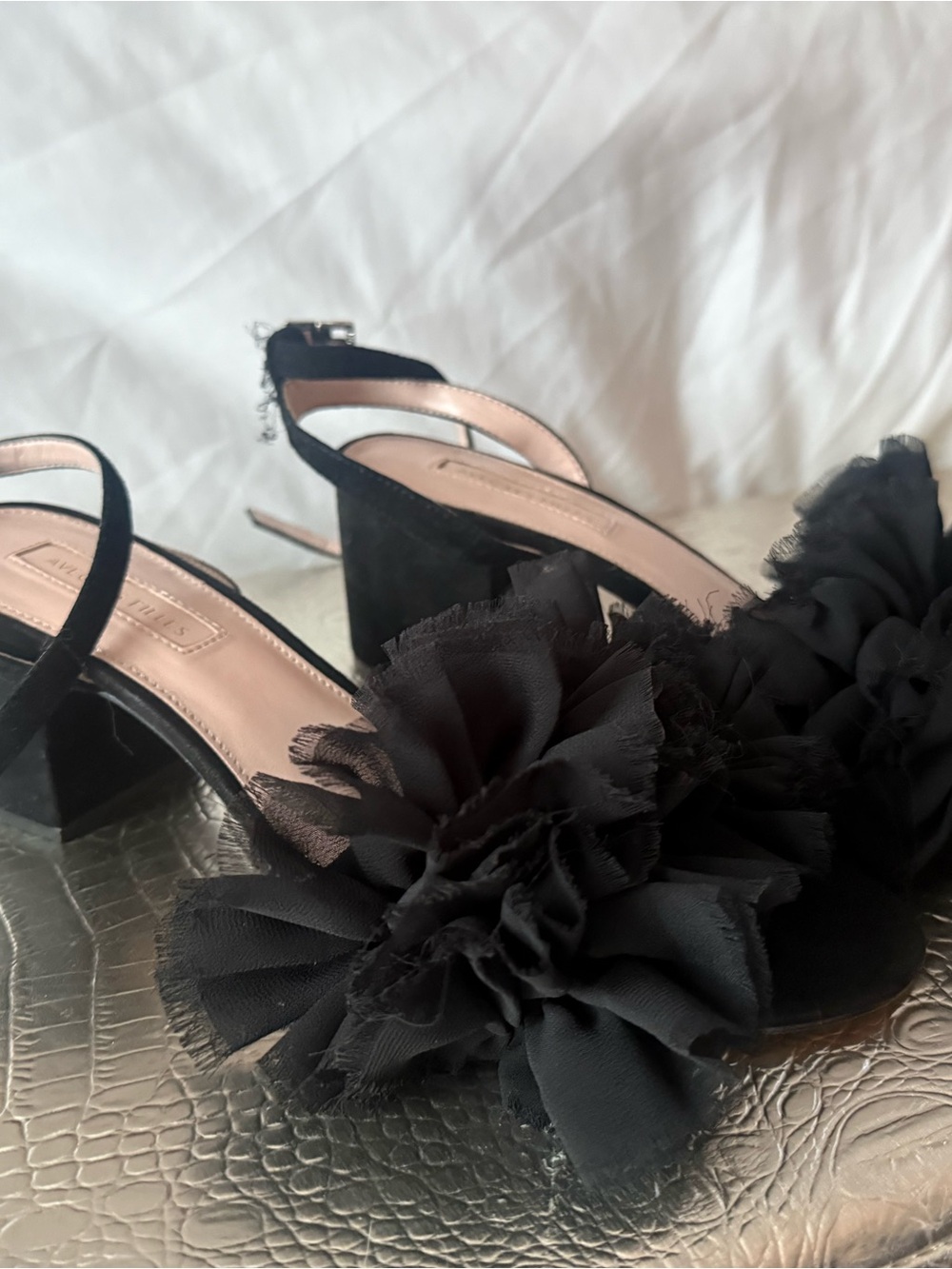 Avec Les Filles Black Floral Slingback Block Heel Sandals